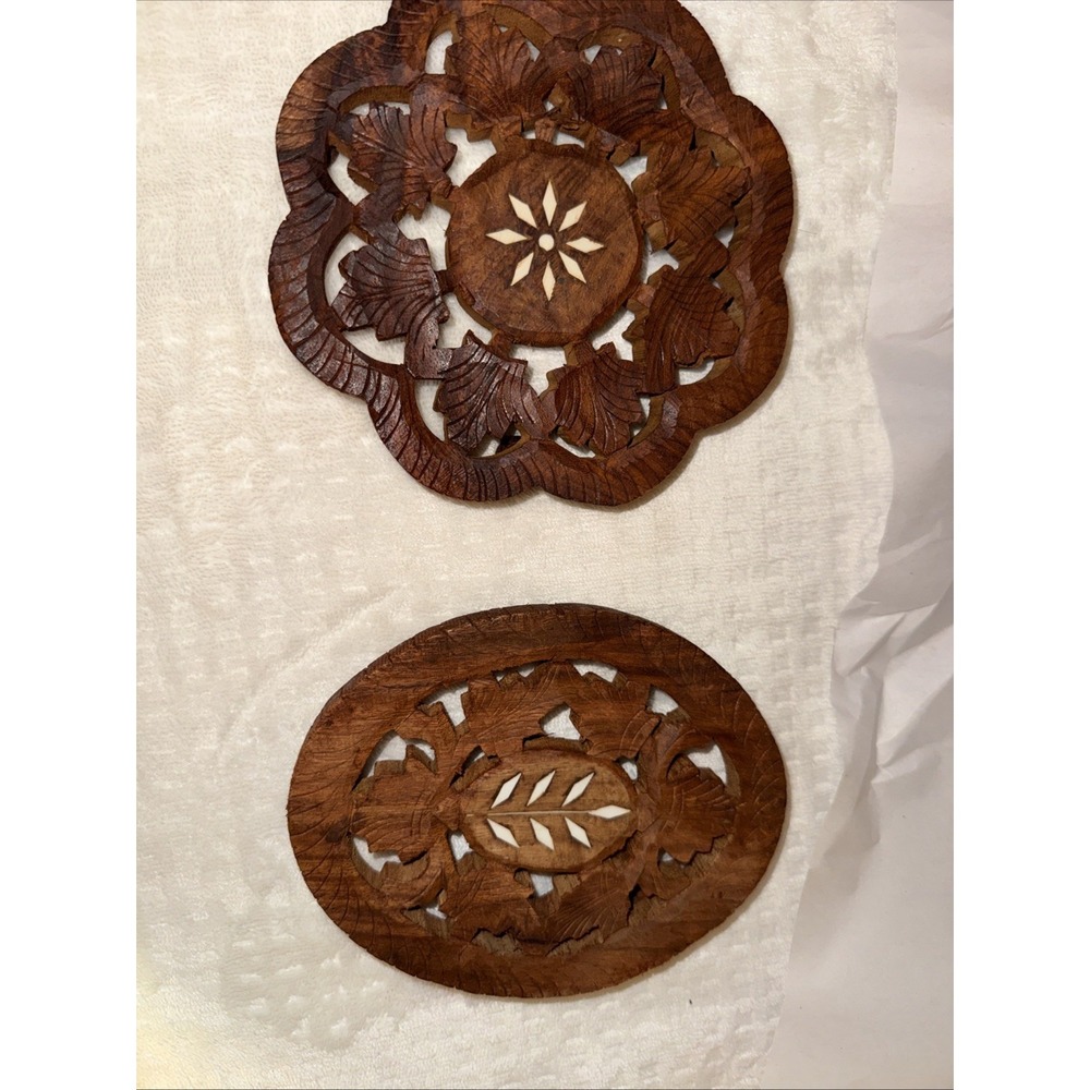 Vintage Wood Hand Carved Trivets Made In India 6" Set Of 2